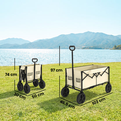 95L Foldable Festival Trolley on Wheels, Collapsible Wagon Cart with Adjustable Handle and 2 Cup Holders, Khaki