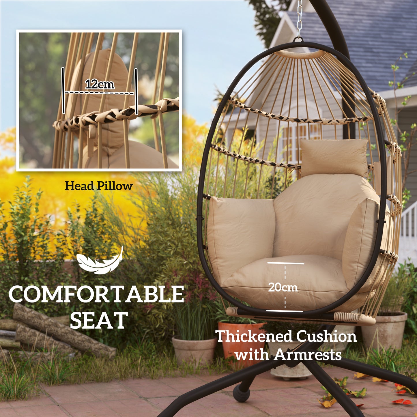 Hanging Egg Chair Outdoor Indoor Garden Swing Chair with Folding Basket and Thickened Cushion