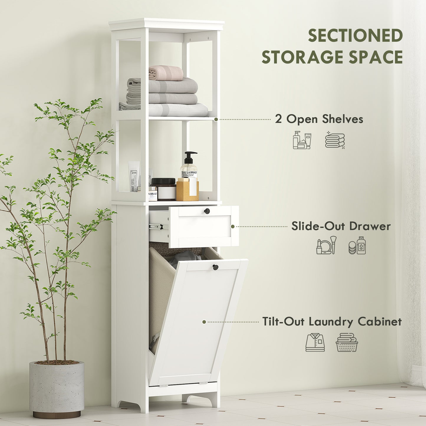 Tall Bathroom Cabinet, with Laundry Basket - White