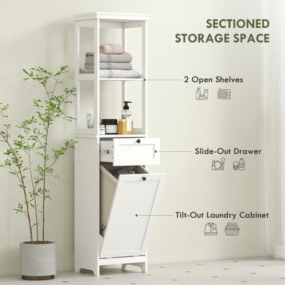 Tall Bathroom Cabinet, with Laundry Basket - White