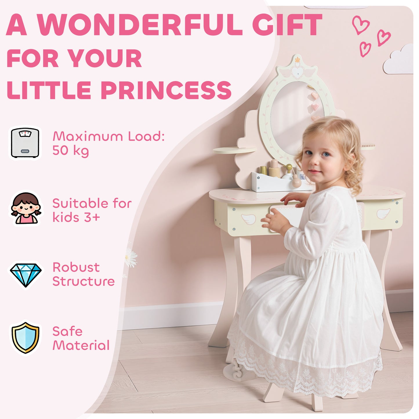 Kids Dressing Table, Girls Vanity Set with Mirror and Stool, 7 Play Accessories, Drawer, Desktop Storage, Pink
