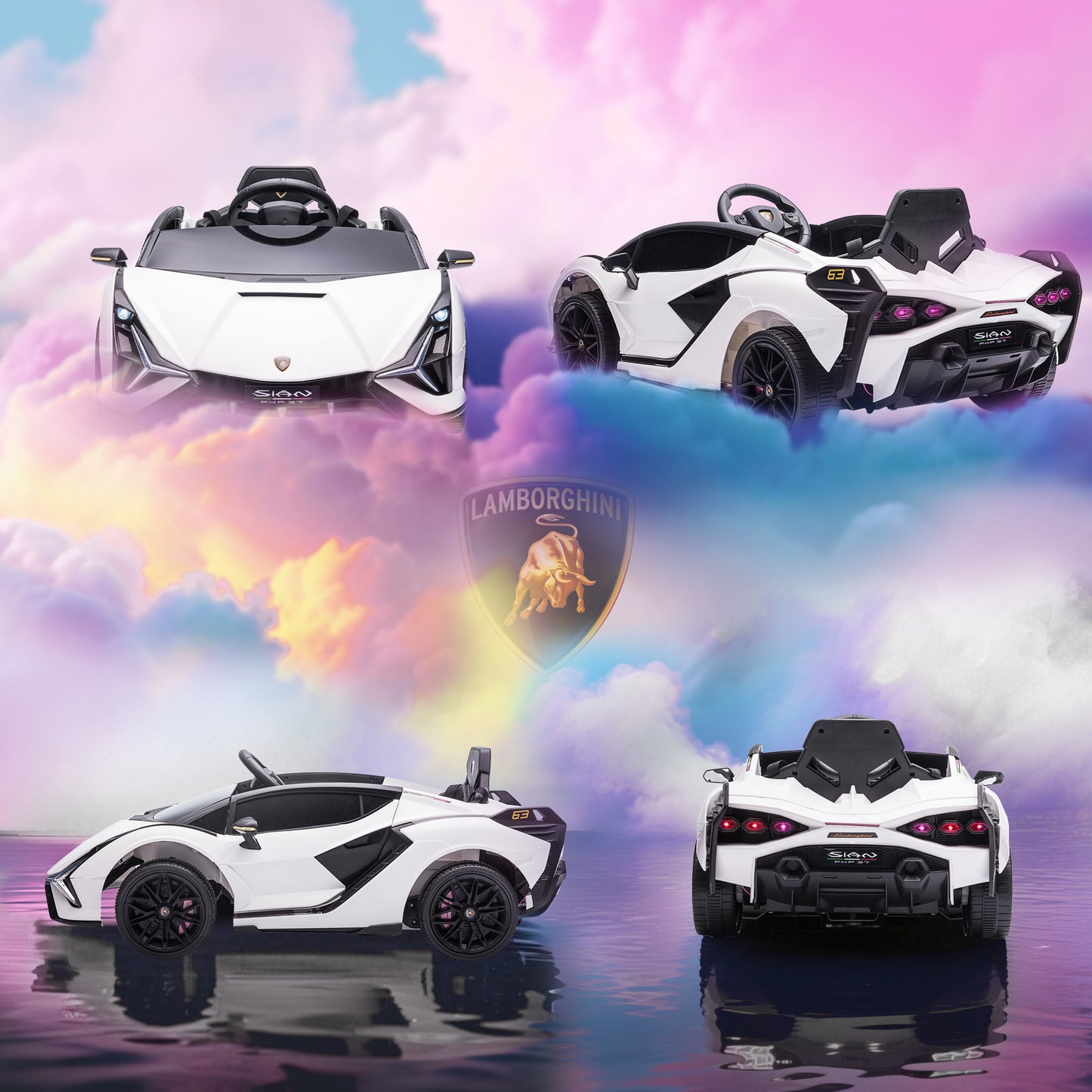Lamborghini Sian Licensed Electric Car for Kids, 12V Kids Electric Ride on Car with Dual Motors, Remote Control, White