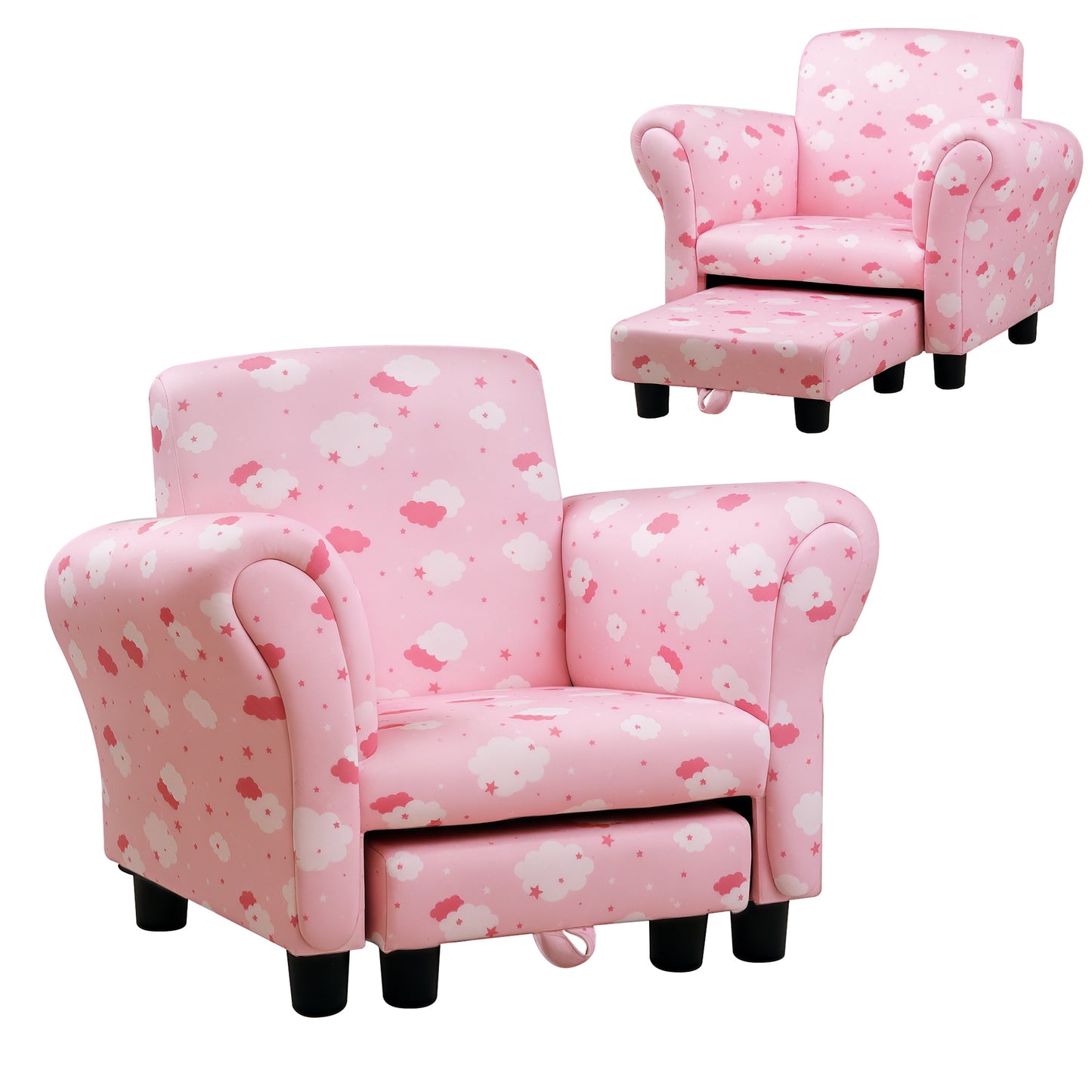 Toddler Chair Children's Armchairs Wood Frame w/ Footrest Anti-Slip Legs High Back Arms for Bedroom Playroom Cute Cloud Star