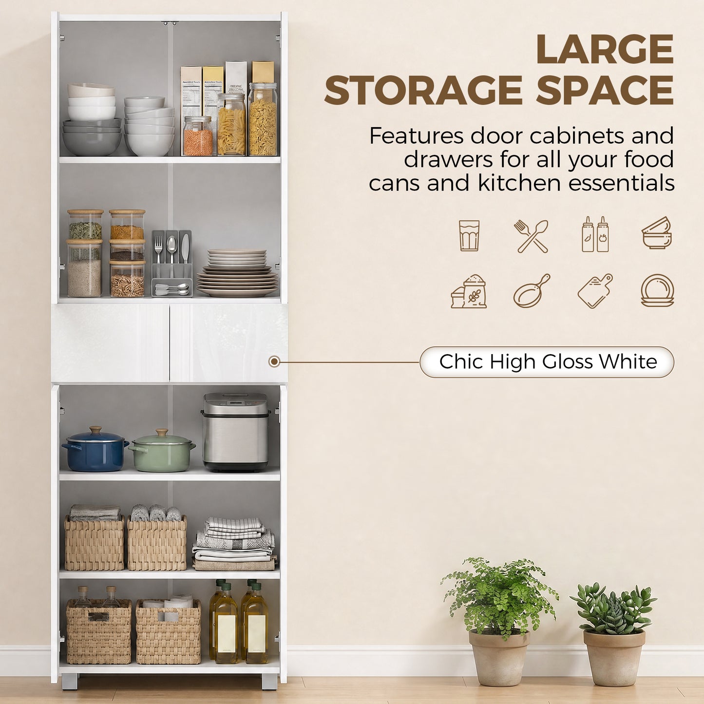 Storage Cabinet, Kitchen Cupboard with 3 Adjustable Shelves, 60L x 35W x 170H cm, White