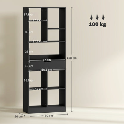Tall Bookshelf with Drawer, Freestanding Bookcase for Bedroom, Living Room, Home Office, Black
