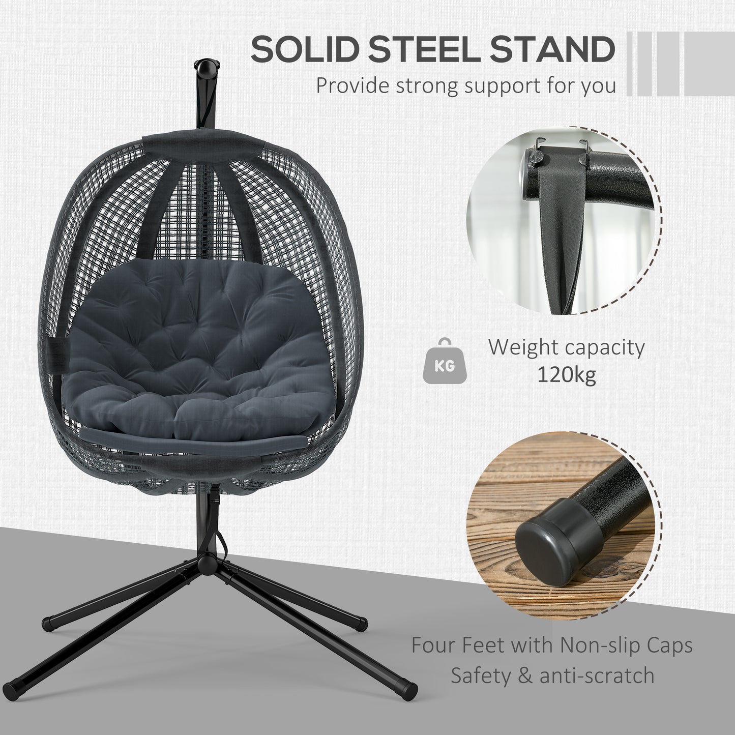 Outdoor Swing Chair with Thick Padded Cushion, Patio Hanging Chair with Metal Stand, Egg Chair with Foldable Basket
