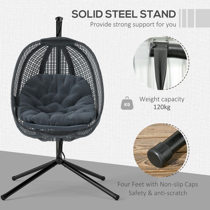 Outdoor Swing Chair with Thick Padded Cushion, Patio Hanging Chair with Metal Stand, Egg Chair with Foldable Basket