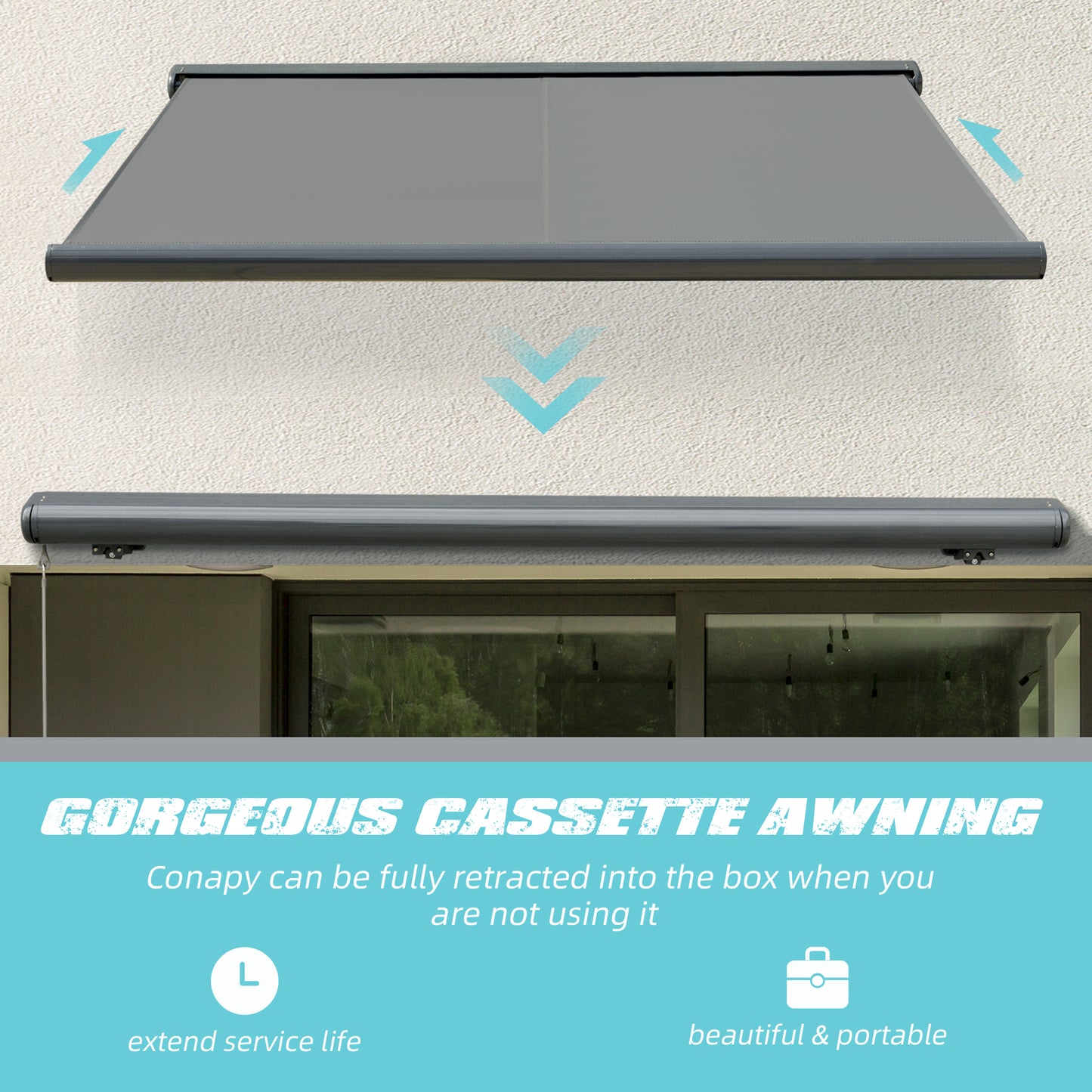Cassette Electric Manual Awning Door Window Retractable Canopy w/ R/C & LED 300W x 0-250D cm