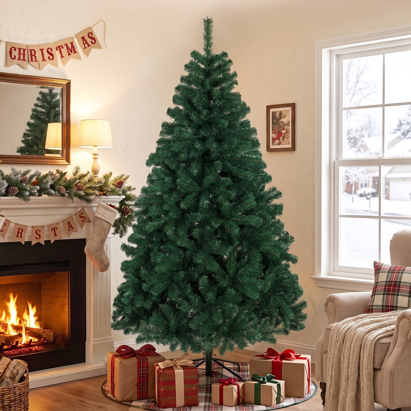 6ft Artificial Christmas Tree, Fir Hinged Xmas Tree with 700 Branch Tips, Foldable Steel Stand, Green