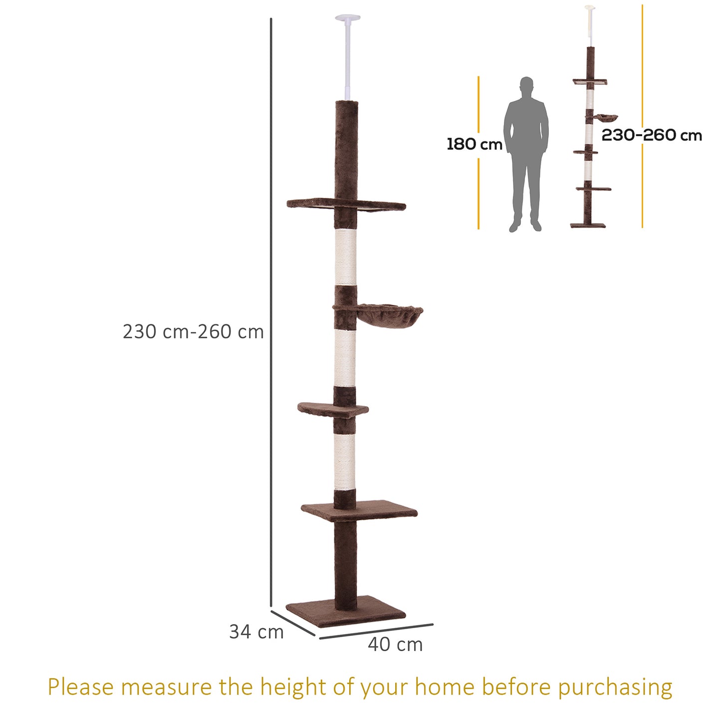 Floor to Ceiling Cat Tree 230-260cm Height Adjustable, 5-Tier Cat Tower with Scratching Posts, Hammock, Perches