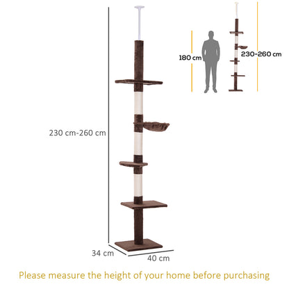 Floor to Ceiling Cat Tree 230-260cm Height Adjustable, 5-Tier Cat Tower with Scratching Posts, Hammock, Perches