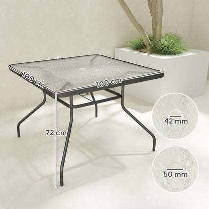 Square Garden Dining Table with Tempered Glass Top & Umbrella Hole, 100 x 100 cm