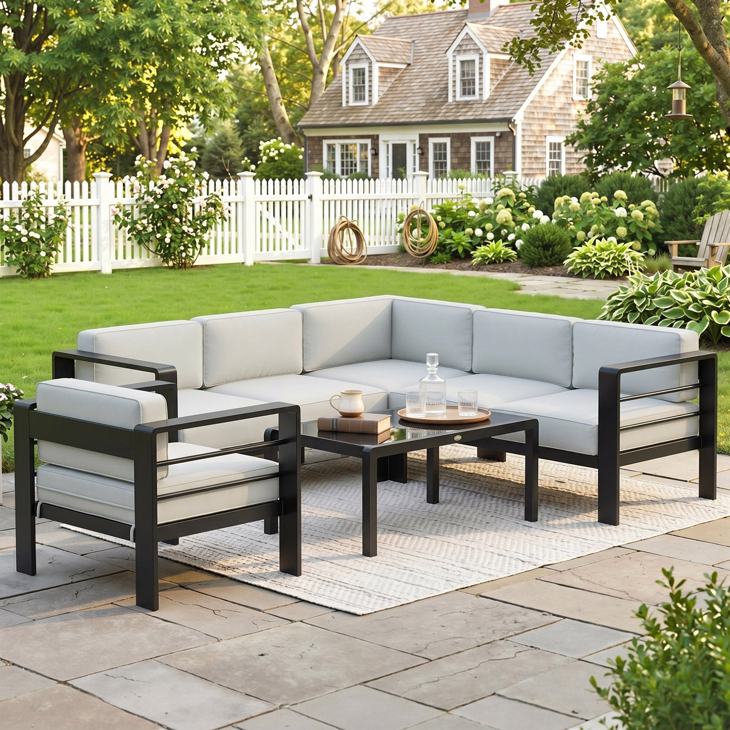 5-Piece Garden Corner Sofa Set with Cushions, 6 Seater Aluminium Garden Furniture Set with Coffee Table, Light Grey