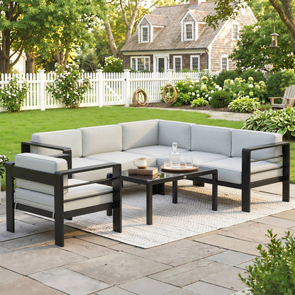 5-Piece Garden Corner Sofa Set with Cushions, 6 Seater Aluminium Garden Furniture Set with Coffee Table, Light Grey
