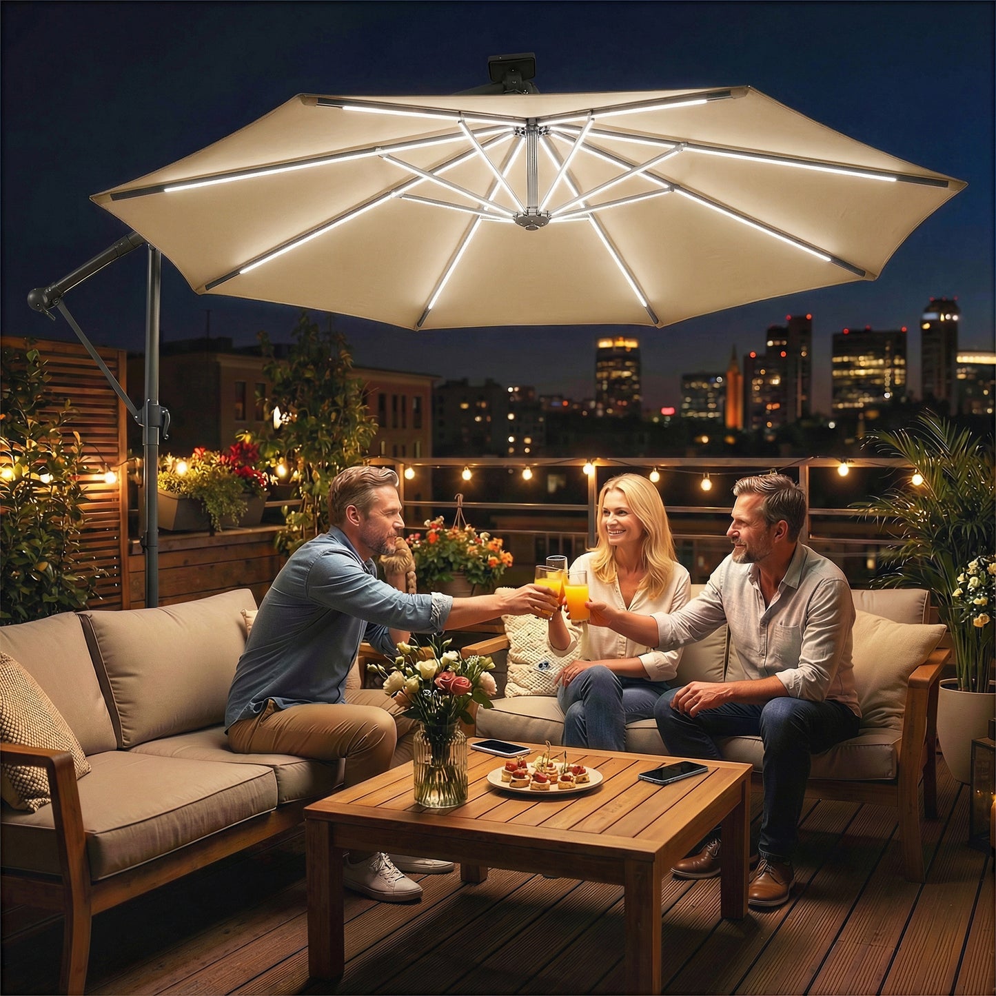 3 m Garden Cantilever Parasol with LED Solar Light, Round Overhanging Umbrella with 360° Rotation, Cover, Khaki
