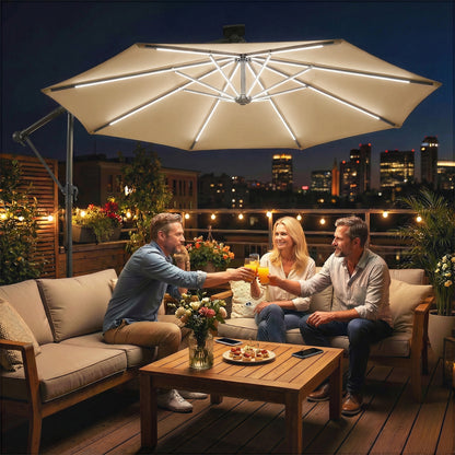 3 m Garden Cantilever Parasol with LED Solar Light, Round Overhanging Umbrella with 360° Rotation, Cover, Khaki