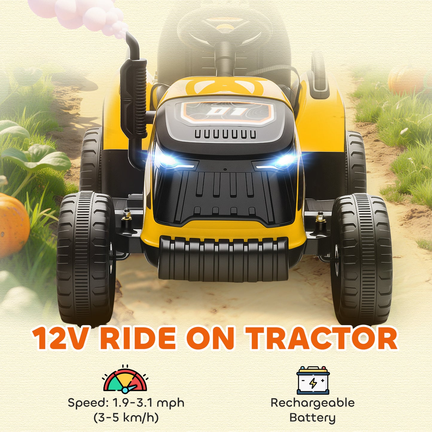 12V Ride on Tractor and Trailer with Remote Control, Music, Shifter, Start-Up Sound, for Kids Ages 3-8 Years, Yellow