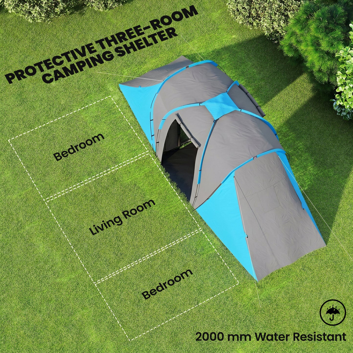 Large Camping Tent Tunnel Tent with 2 Bedroom and Living Area, 2000mm Waterproof, Portable with Bag for 4 Man, Blue