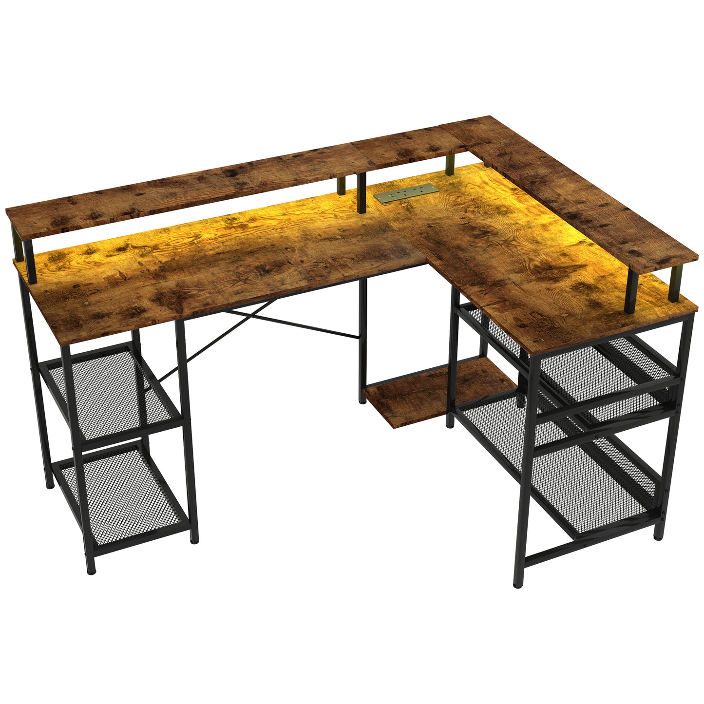 LED Light 'L' Computer Desk, with Shelves - Brown