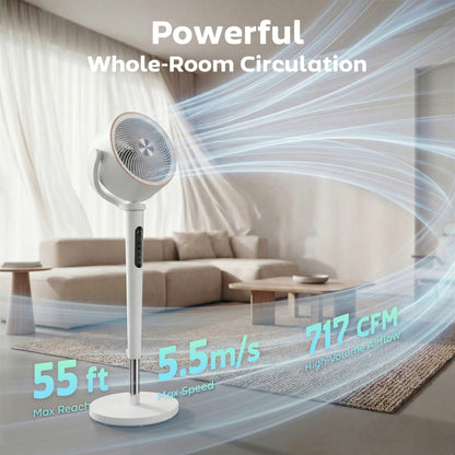 20dB Silent Standing Fan, 70°+90° Auto Oscillating Fan with 12 Speeds, LED Light, Air Circulator, Remote Control, 12H Timer
