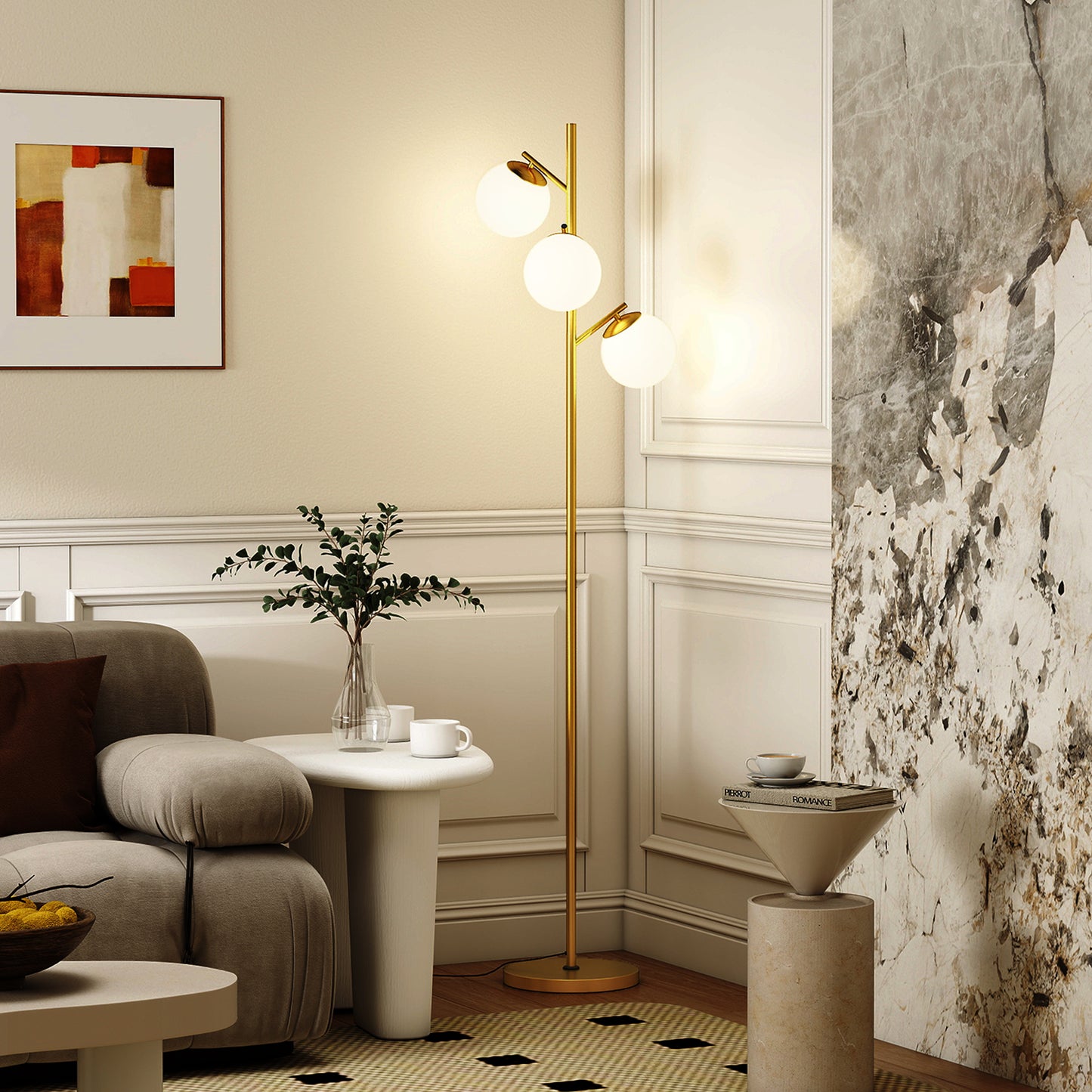 3-Light Tree Floor Lamps for Living Room, Modern Standing Lamp for Bedroom with Globe Lampshade