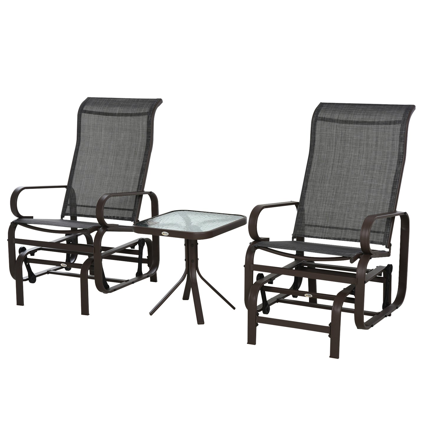 3 Pieces Garden Gliding Chair Set, Metal Frame 2 Single Armchair Swing Seater and 1 Glass Top Coffee Table w/ Breath Mesh Fab