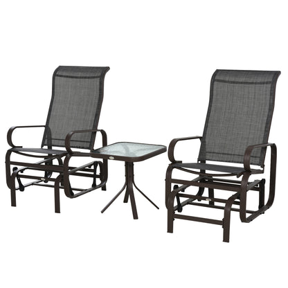 3 Pieces Garden Gliding Chair Set, Metal Frame 2 Single Armchair Swing Seater and 1 Glass Top Coffee Table w/ Breath Mesh Fab