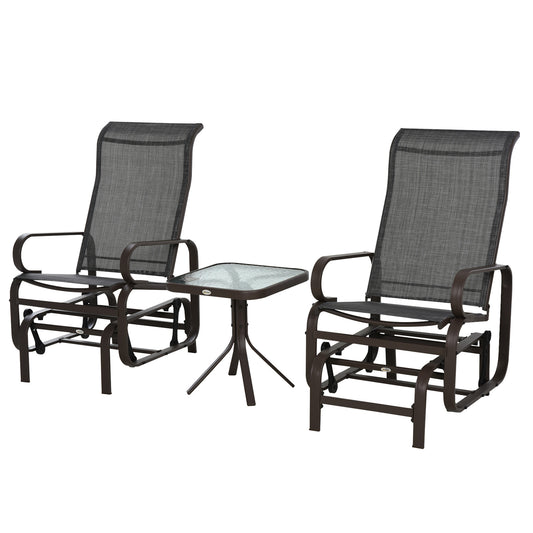 3 Pieces Garden Gliding Chair Set, Metal Frame 2 Single Armchair Swing Seater and 1 Glass Top Coffee Table w/ Breath Mesh Fab