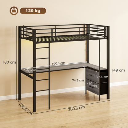 Metal Bunk Bed with Desk, High Sleeper Bed with LED Light and Safety Guardrail for Teens Adults, No Box Spring Needed