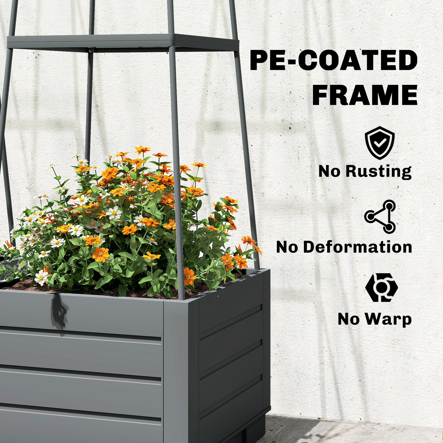 2 Pack Raised Garden Bed with Trellis, Plastic Outdoor Planter Box with Removable Drainage Tray