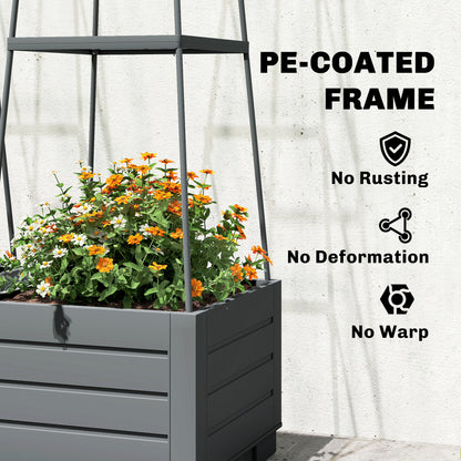 2 Pack Raised Garden Bed with Trellis, Plastic Outdoor Planter Box with Removable Drainage Tray