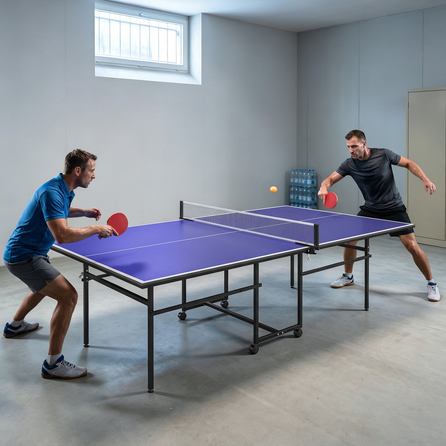 9FT Folding Table Tennis Table with Four Wheels, for Indoor Use, Blue
