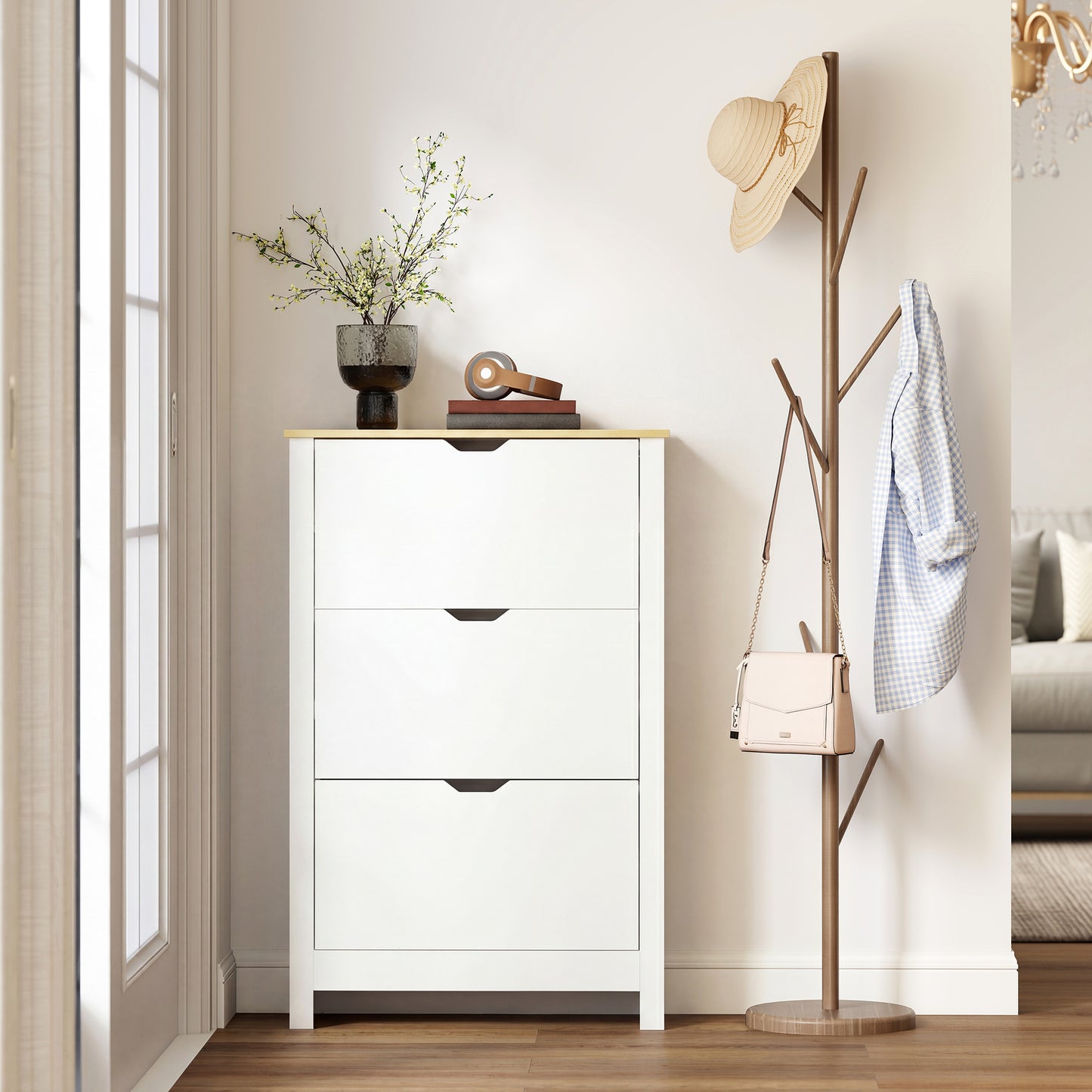 Slim Shoe Cabinet, Narrow Shoe Cupboard with 3 Flip Drawers, Adjustable Shelves for 18 Pairs of Shoes for Hallway, White