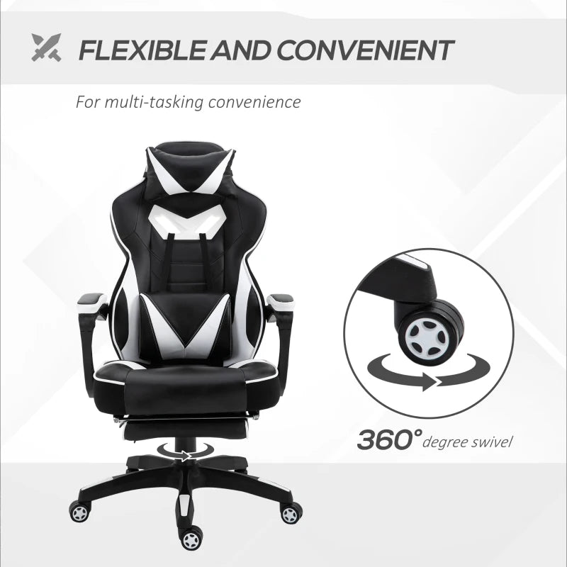 Computer Gaming Chair with Lumbar Support and Footrest - Black / White