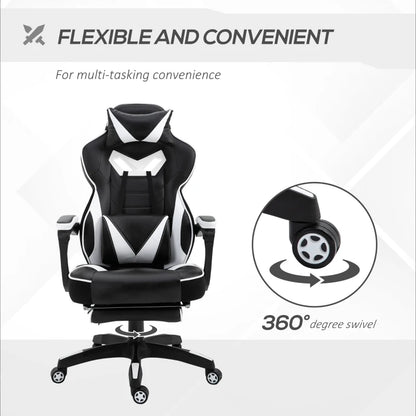 Computer Gaming Chair with Lumbar Support and Footrest - Black / White