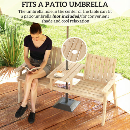 2-Seater Garden Loveseat with Table and Parasol Hole for Porch, Patio, Natural Wood Finish