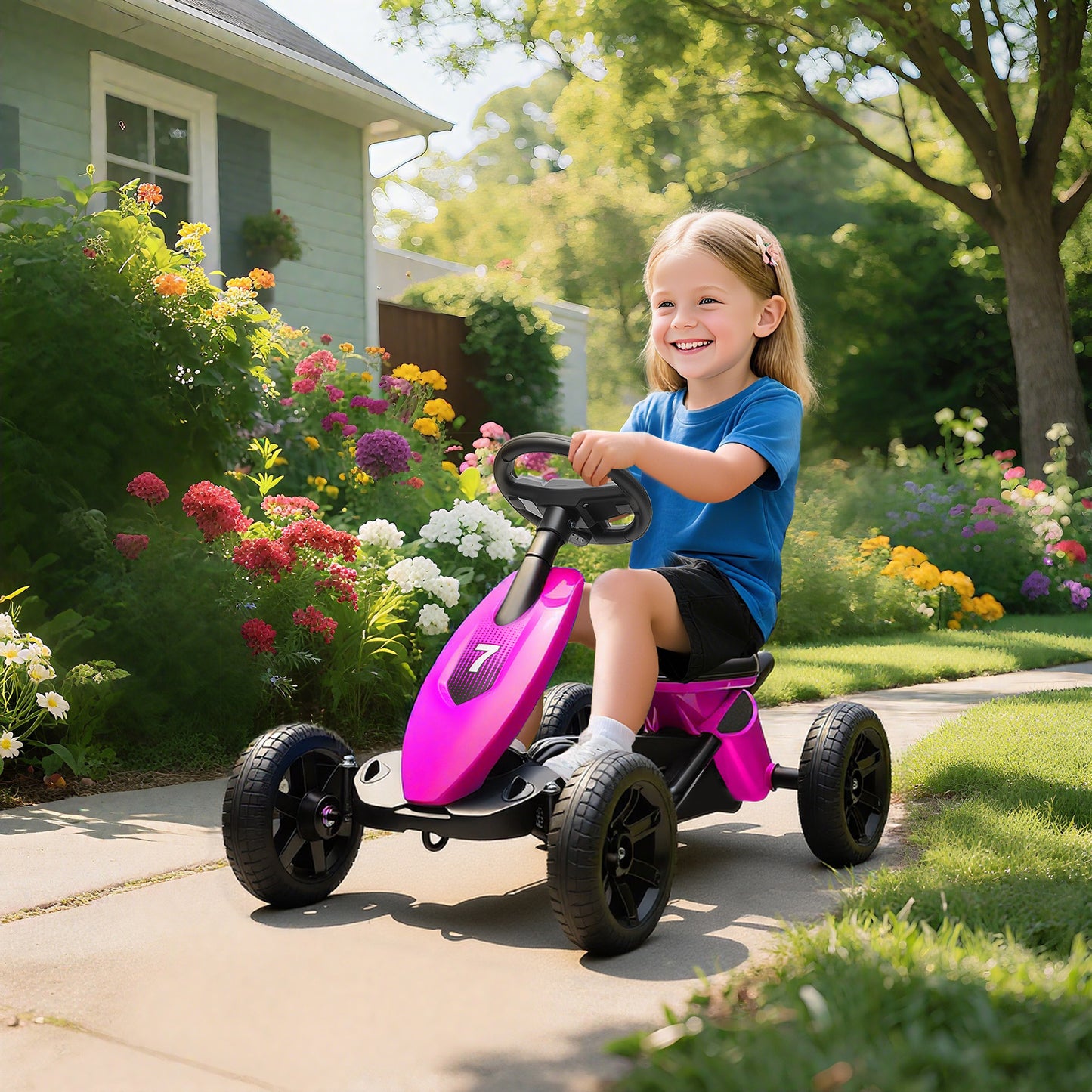 Pedal Go Kart for Kids 2-5 Years, with Silent EVA Wheels, Metal Frame, Pink