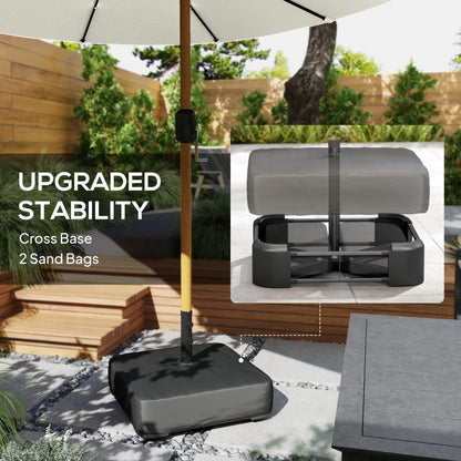 Double Sided Garden Parasol with Base Included & 48 Solar LED Lights Patio Umbrella Crank Handle 4.6m Cream White