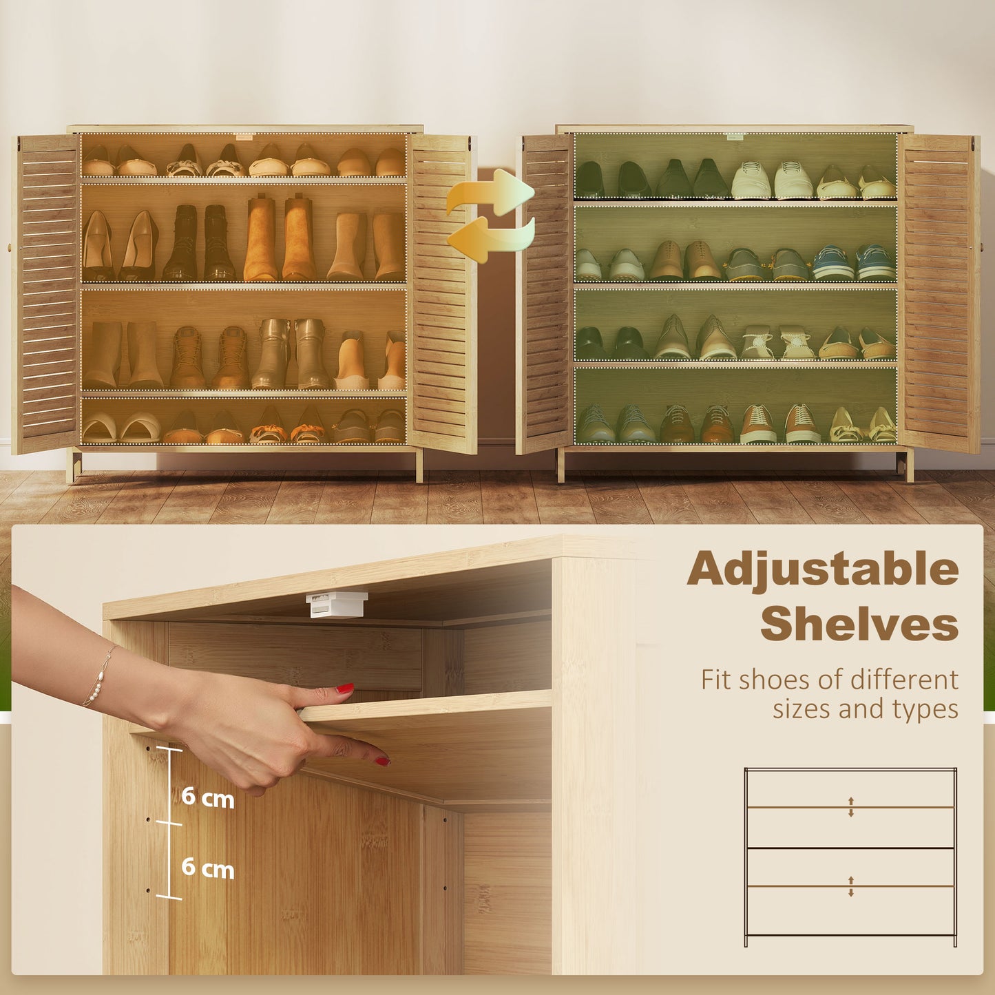 Bamboo Shoe Cabinet with Louvered Doors, 14 Pairs Shoe Storage Cabinet with Adjustable Shelves for Hallway, Natural