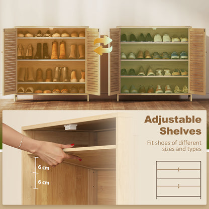 Bamboo Shoe Cabinet with Louvered Doors, 14 Pairs Shoe Storage Cabinet with Adjustable Shelves for Hallway, Natural