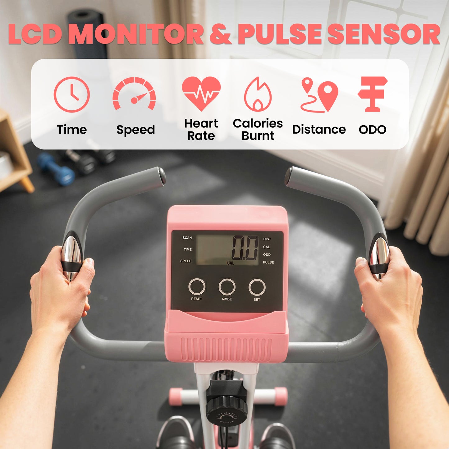 2-in-1 Folding Exercise Bike with 8-Level Magnetic Resistance, Arm Resistance Band, Pulse Sensor, Pink