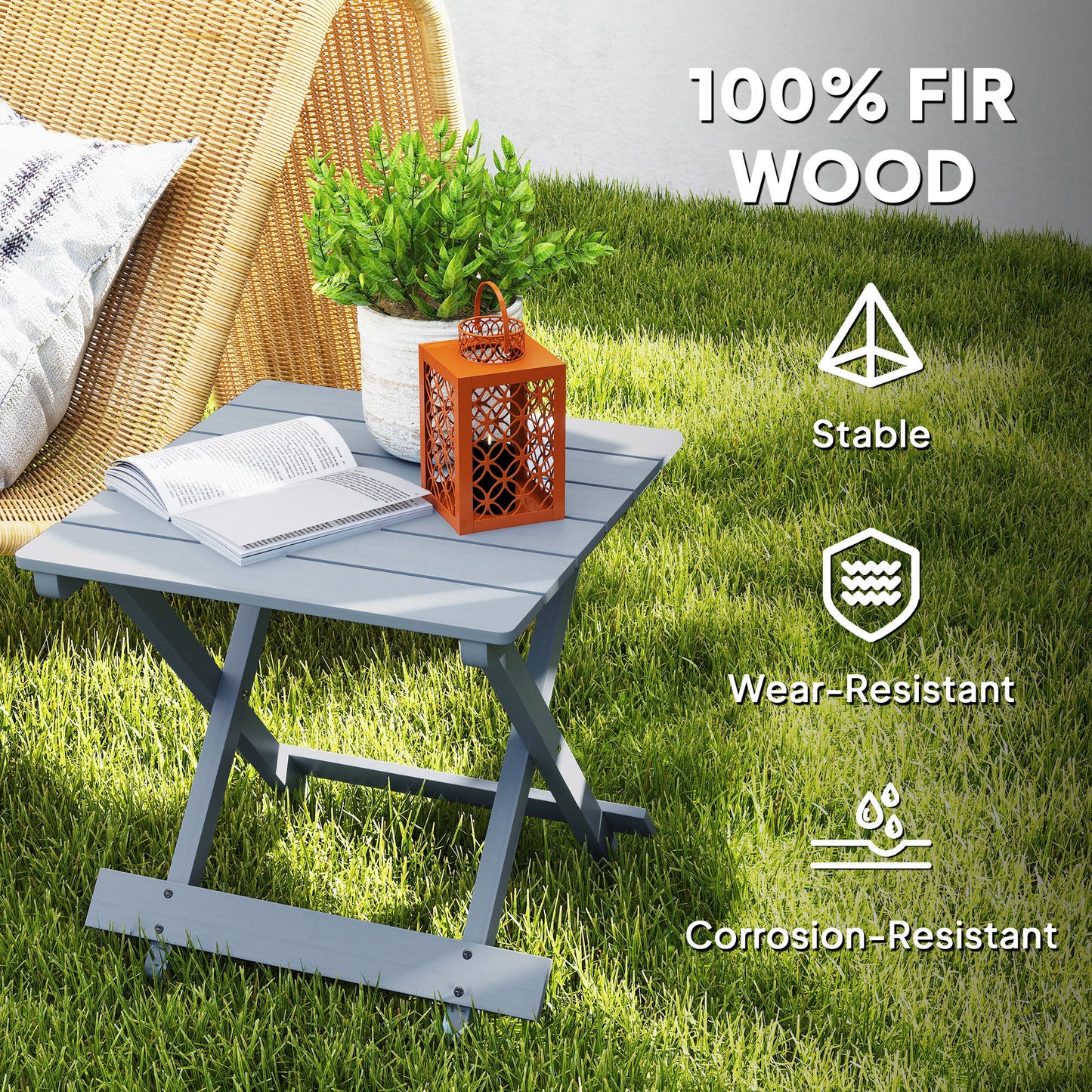 Fir Wood Folding Coffee Table, Lightweight Small Garden Table with Slatted Top, Portable Folding Side Table for Balcony