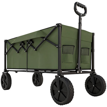 95L Foldable Festival Trolley on Wheels, Collapsible Wagon Cart with Adjustable Handle and 2 Cup Holders, Dark Green