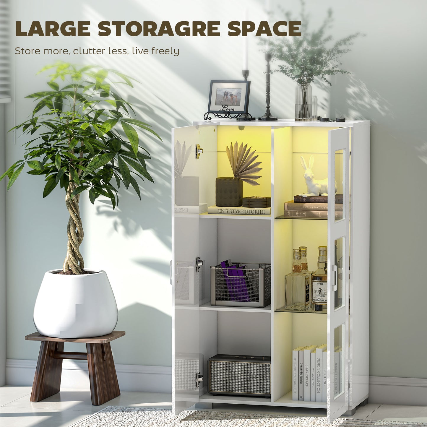 High Gloss Sideboard, Display Cabinet with 16-Colour RGB LED Lights and Remote Control