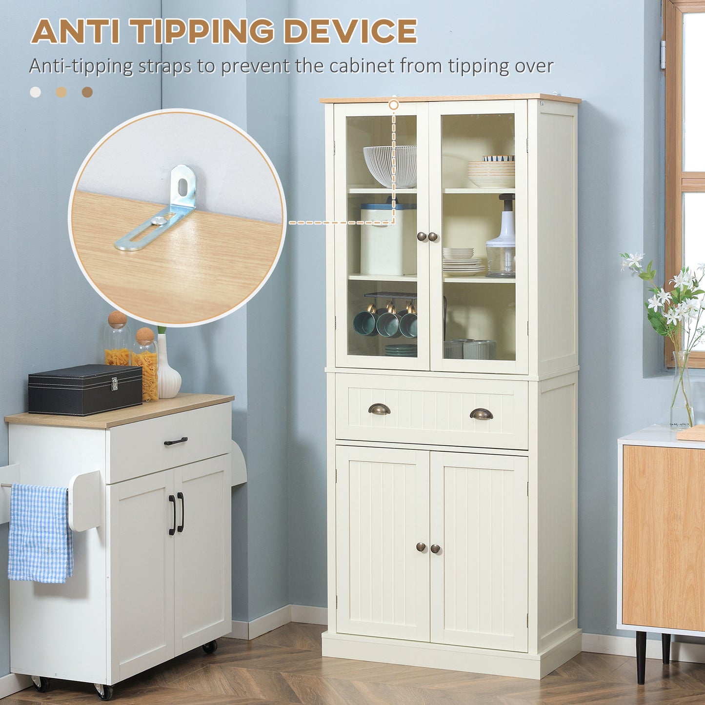 Freestanding Kitchen Cupboard, 5-tier Storage Cabinet with Adjustable Shelves and Drawer, Cream White