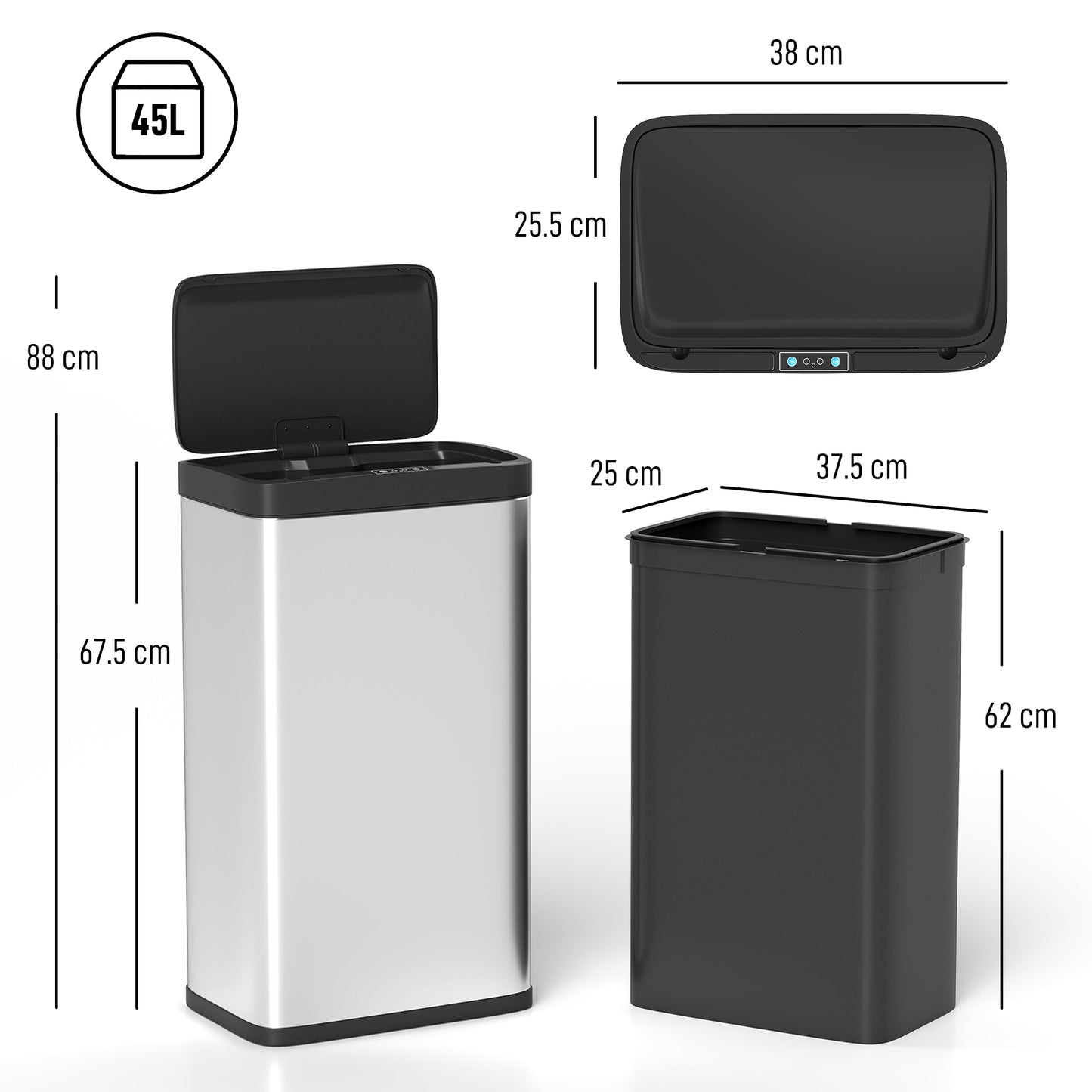 45L Stainless Steel Sensor Bin - Silver Tone