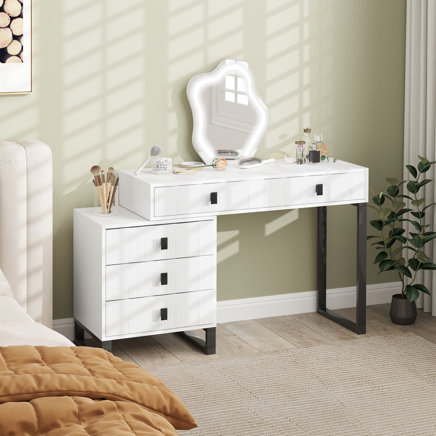 Dressing Table, Vanity Desk with Leaf Shape Mirror, Makeup Table with 5 Drawers, 3-Colour LED Lights, 100x40cm Tabletop