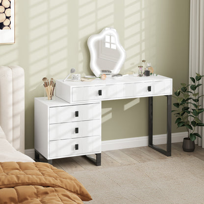 Dressing Table, Vanity Desk with Leaf Shape Mirror, Makeup Table with 5 Drawers, 3-Colour LED Lights, 100x40cm Tabletop