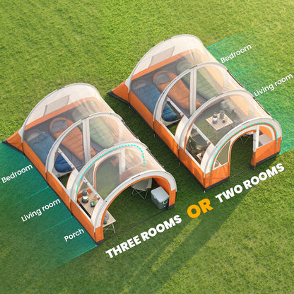 Three Man Duo Room Tunnel Tent, with Accessories - Cream/Orange