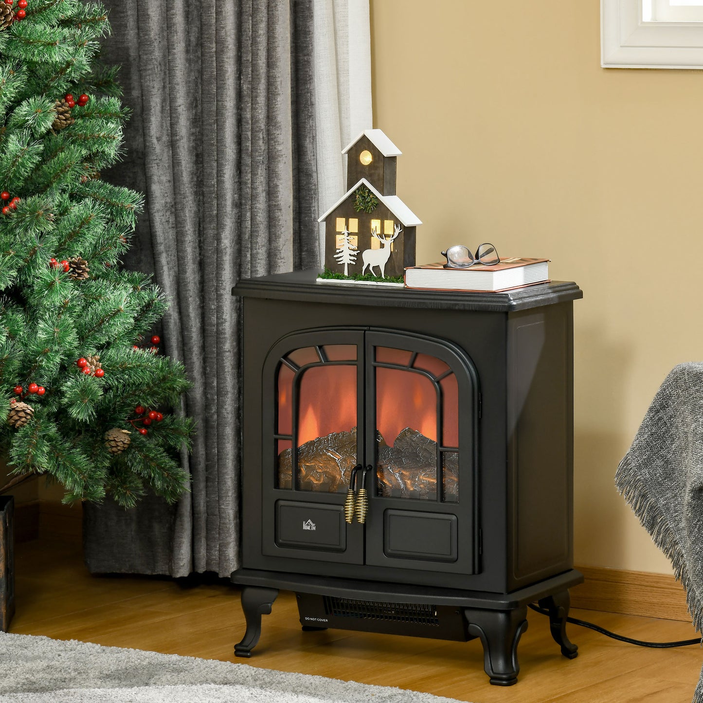 Electric Fireplace Stove Heater with LED Fire Flame Effect, Double Door, Freestanding & Portable with Overheat Protection
